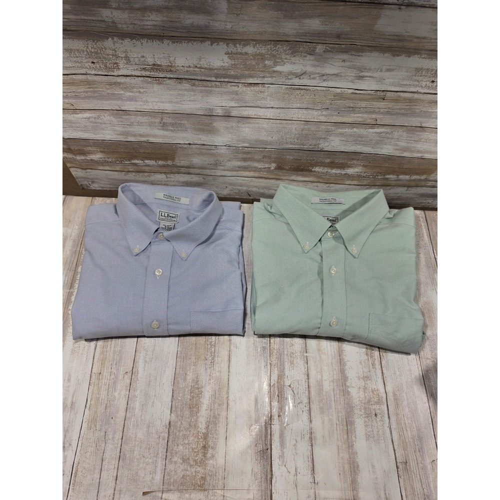 L.L. Bean Mens Wrinkle Free Traditional Fit Oxford Shirt Bundle Blue Green 18-37